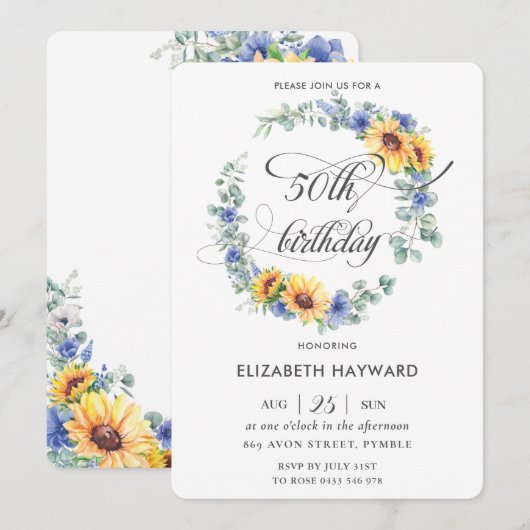 Rustic Chic Sunflower Blue Floral 50th Birthday Kaart (Voorkant / Achterkant)