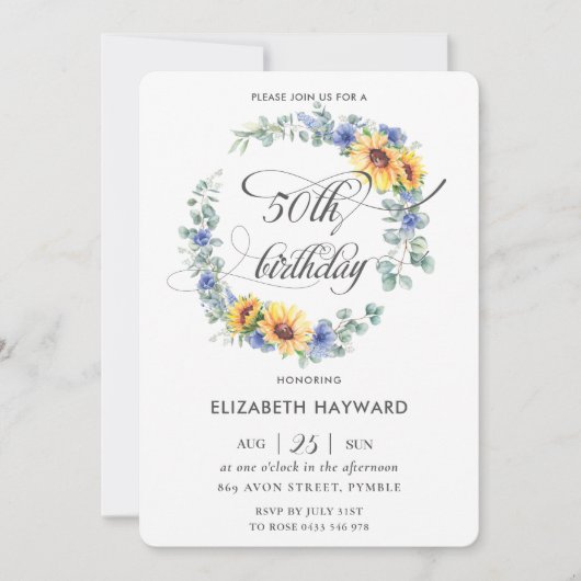 Rustic Chic Sunflower Blue Floral 50th Birthday Kaart (Voorkant)
