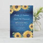 Rustic Chic Sunflower Navy Blue Wood Weddenschap Kaart (Staand voorkant)