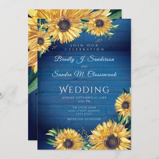 Rustic Chic Sunflower Navy Blue Wood Weddenschap Kaart (Voorkant / Achterkant)