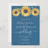 Rustic Chic Sunflower Navy Blue Wood Wedding Inv Kaart (Voorkant)