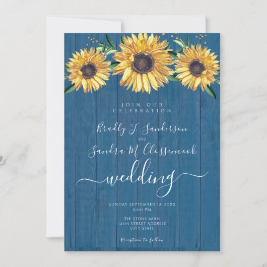 Rustic Chic Sunflower Navy Blue Wood Wedding Inv Kaart (Voorkant)