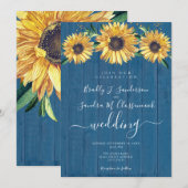 Rustic Chic Sunflower Navy Blue Wood Wedding Inv Kaart (Voorkant / Achterkant)