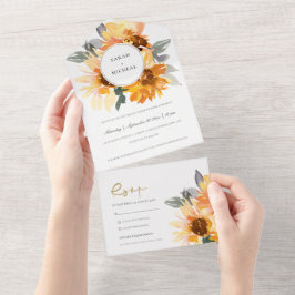 RUSTIC CHIC SUNFLOWER WATERVERF FLORAL WEDING AL ALL IN ONE UITNODIGING