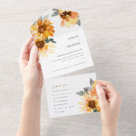 RUSTIC CHIC SUNFLOWER WATERVERF FLORAL WEDING AL ALL IN ONE UITNODIGING
