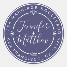 Rustic Chic Wedding Return Address Navy Blue Class Ronde Sticker
