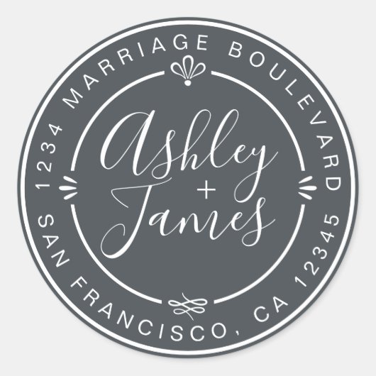 Rustic Chic Wedding Return Address Off-Black Ronde Sticker (Voorkant)