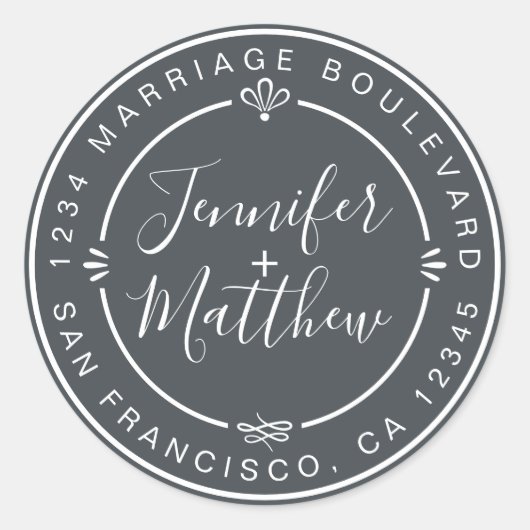 Rustic Chic Wedding Return Address Off-Black Ronde Sticker (Voorkant)