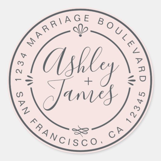 Rustic Chic Wedding Return Address Pastel Pink Ronde Sticker (Voorkant)