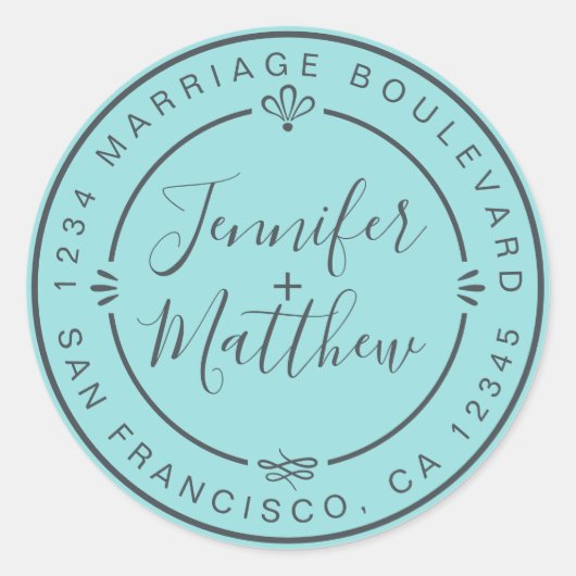 Rustic Chic Wedding Return Address Turquoise Ronde Sticker (Voorkant)