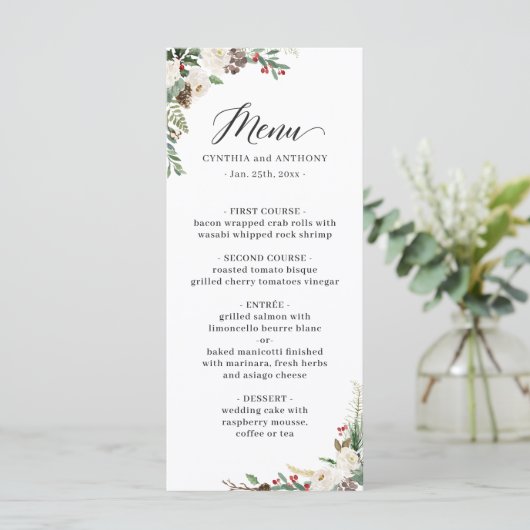 Rustic Chic Winter Floral Holly Berries Wedding Menu (Staand voorkant)