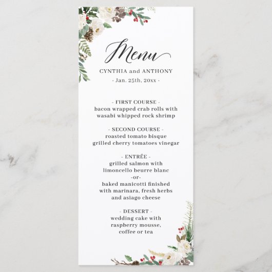 Rustic Chic Winter Floral Holly Berries Wedding Menu (Voorkant)