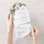 Rustic Chic Winter Floral Pine Berries Wedding All In One Uitnodiging (Afscheurbaar)