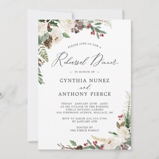 Rustic Chic Winter Floral Wedding Rehearsal Dinner Kaart (Voorkant)