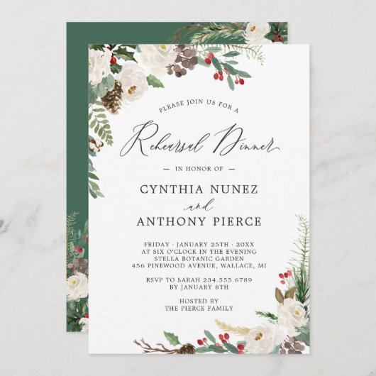 Rustic Chic Winter Floral Wedding Rehearsal Dinner Kaart (Voorkant / Achterkant)