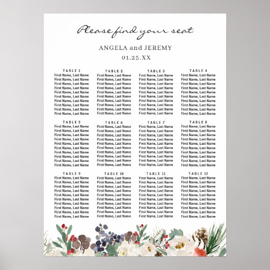 Rustic Chic Winter Floral Wedding Seating Chart Poster (Voorkant)