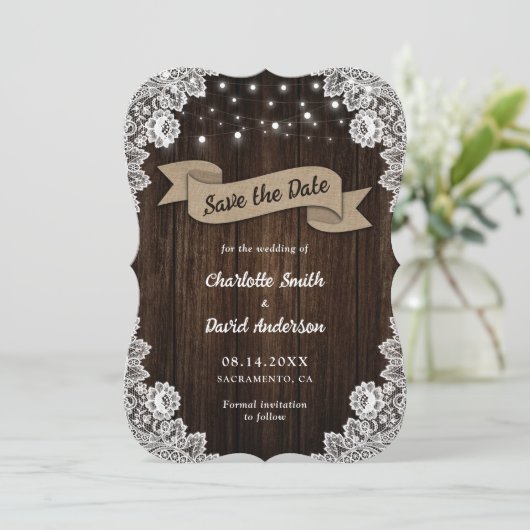 Rustic Chic Wood Burlap Wedding Save The Date (Staand voorkant)