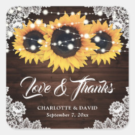 Rustic Chic Wood Lace Sunflower Weddenschap Bedank Vierkante Sticker