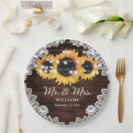 Rustic Chic Wood Lace Sunflower Wedding Papieren Bordje (Huwelijk)