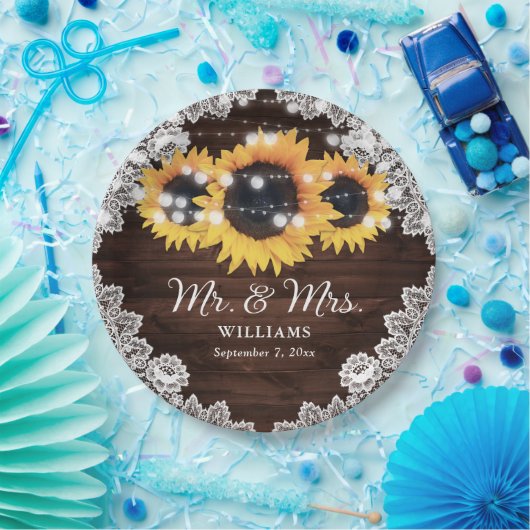 Rustic Chic Wood Lace Sunflower Wedding Papieren Bordje (Feest)