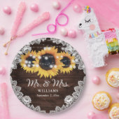 Rustic Chic Wood Lace Sunflower Wedding Papieren Bordje (Feest)