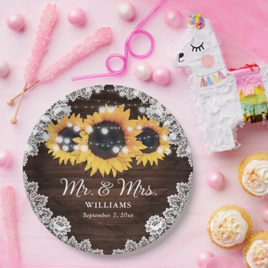 Rustic Chic Wood Lace Sunflower Wedding Papieren Bordje (Feest)