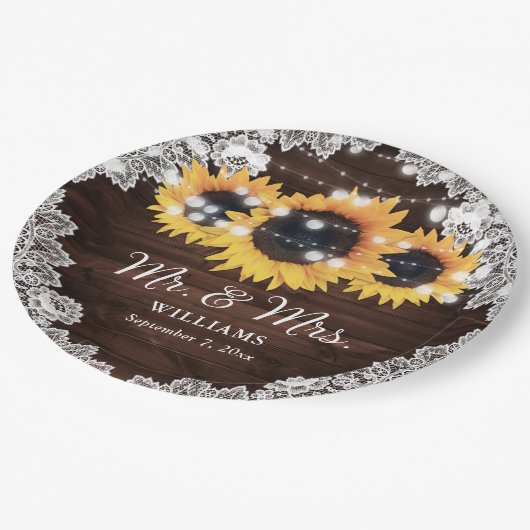 Rustic Chic Wood Lace Sunflower Wedding Papieren Bordje (Gekanteld)