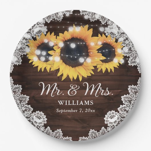 Rustic Chic Wood Lace Sunflower Wedding Papieren Bordje (Voorkant)