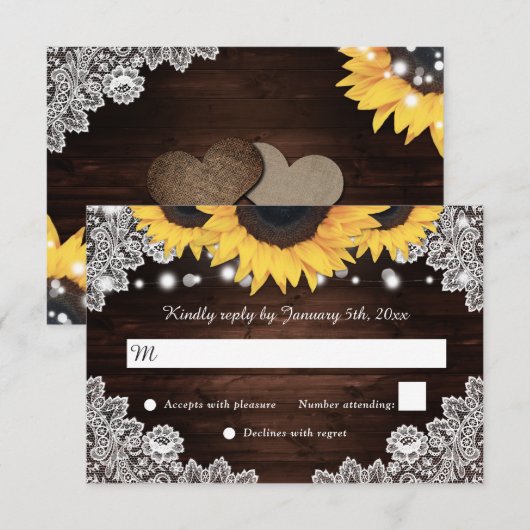 Rustic Chic Wood Lace Sunflower Wedding RSVP Kaartje (Voorkant / Achterkant)