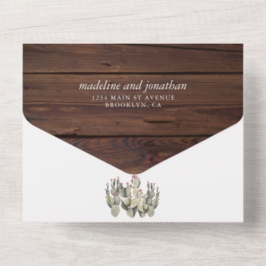 Rustic Chic Wood Light Cactus Cacti Wedding All In One Uitnodiging (Achterkant)