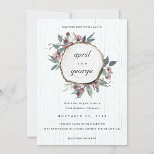 RUSTIC CHIC WOOD SLICE PINK FLORAL WEDDING INVITE BEDANKKAART