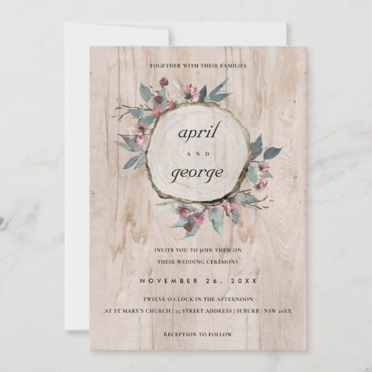 RUSTIC CHIC WOOD SLICE PINK FLORAL WEDDING INVITE BEDANKKAART (Voorkant)