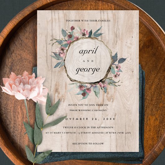 RUSTIC CHIC WOOD SLICE PINK FLORAL WEDDING INVITE BEDANKKAART