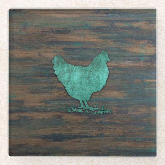 Rustic Chicken (Blauwgroen) Glazen Onderzetter (Voorkant)