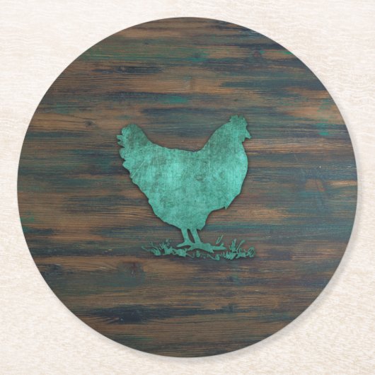 Rustic Chicken (Blauwgroen) Ronde Kartonnen Onderzetter (Voorkant)