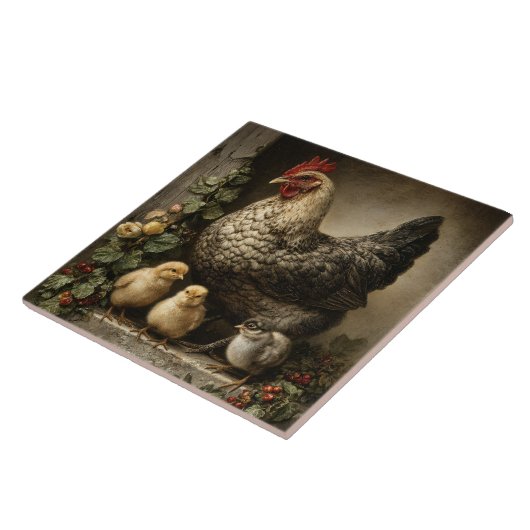 Rustic Chicken Hen with Chicks Tegeltje (Zijkant)