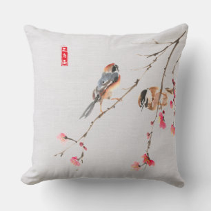 Rustic Chinoiserie Waterverf Bird Flower Painting Kussen