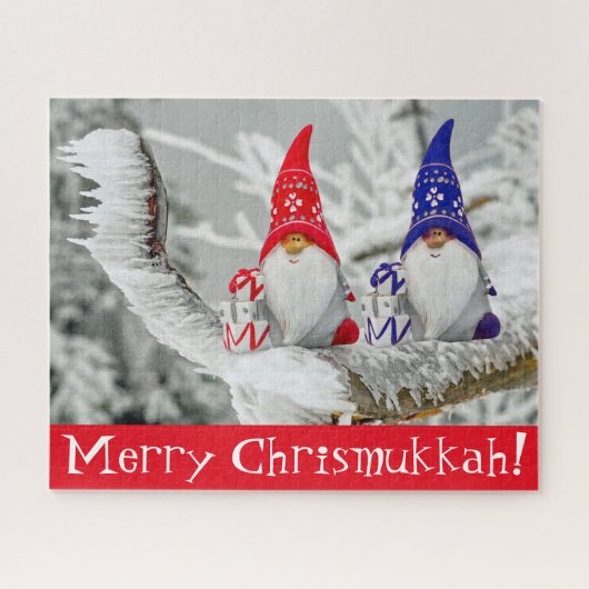 Rustic Chrismukkah Blue en Red Elves Gift Legpuzzel (Horizontaal)