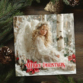 Rustic Christmas angel red poinsettias watercolor Feestdagenkaart