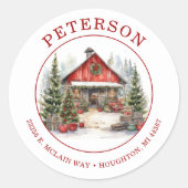 Rustic Christmas Barn Retour Adreslabels Ronde Sticker (Voorkant)