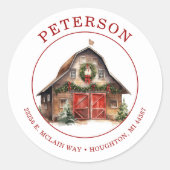 Rustic Christmas Barn Retour Adreslabels Ronde Sticker (Voorkant)