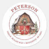 Rustic Christmas Barn Retour Adreslabels Ronde Sticker (Voorkant)