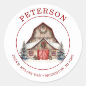 Rustic Christmas Barn Retour Adreslabels Ronde Sticker (Voorkant)