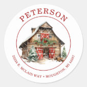 Rustic Christmas Barn Retour Adreslabels Ronde Sticker (Voorkant)