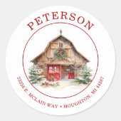 Rustic Christmas Barn Retour Adreslabels Ronde Sticker (Voorkant)