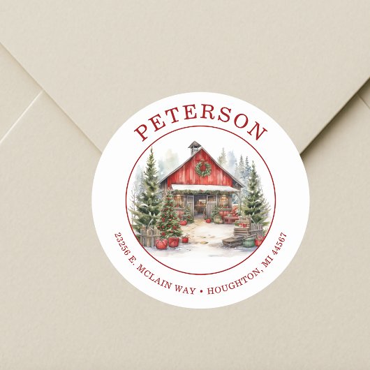 Rustic Christmas Barn Retour Adreslabels Ronde Sticker