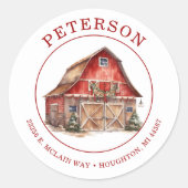 Rustic Christmas Barn Retour Adreslabels Ronde Sticker (Voorkant)