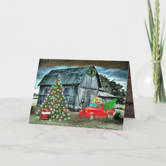 Rustic Christmas Barn Truck Christmas Tree at Farm Feestdagen Kaart (Voorkant)