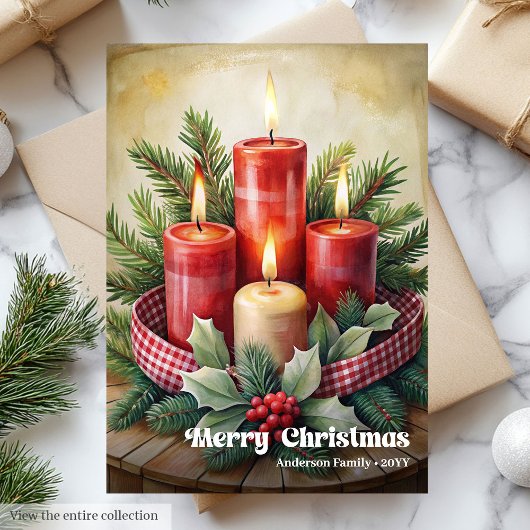 Rustic Christmas candles card red green holiday Feestdagenkaart