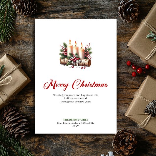 Rustic Christmas candles holly and pine card Feestdagenkaart